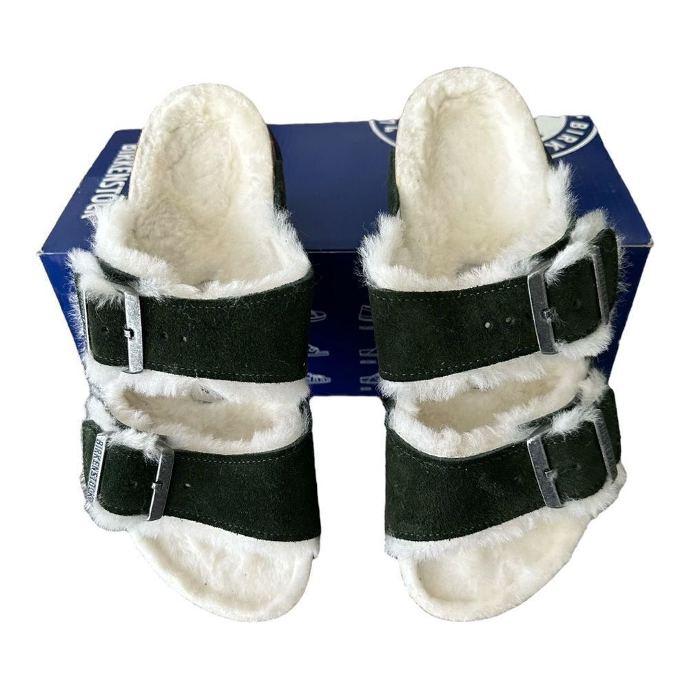Birkenstock Arizona Shearling Suede Sandals Mountain View Green EU 37 US W6 - Picture 2 of 9